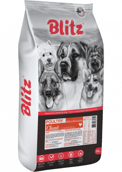 -Блитц (Blitz Classic Poultry Adult Dog All Breeds) сухой корм для собак всех пород Домашняя птица 15 кг арт.100750