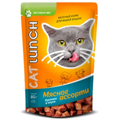 КЭТ ЛАНЧ Консервированный корм для кошек Кусочки в соусе Мясное ассорти 85 гр