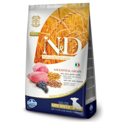 Фармина (FARMINA N&D ANCESTRAL GRAIN DOG LAMB, SPELT, OATS AND BLUEBERRY PUPPY MINI) корм для щенков малых пород Ягненок, спельта, овес, черника 7кг арт.4025