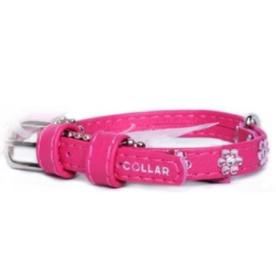 CoLLaR Glamour Ошейник кожаный  двойной  прошитый с клеевыми стразами "цветочек"  19-25смх9мм