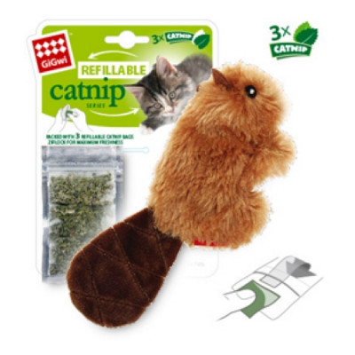 -GiGwi REFILLABLE CATNIP Игрушка для кошек бобрёнок с кошачей мятой 16см