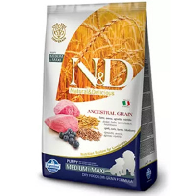 Фармина (FARMINA N&D ANCESTRAL GRAIN DOG LAMB, SPELT, OATS AND BLUEBERRY PUPPY MEDIUM & MAXI) корм для щенков, беременных и кормящих сук Ягненок, спельта, овес, черника 12кг арт. 4026