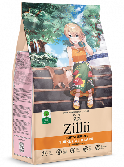Зилли (ZILLII Light/Sterilized Cat) Сухой корм для взрослых кошек с избыточным весом и стерилизованных Индейка с Ягнёнком 400 гр арт.5658130