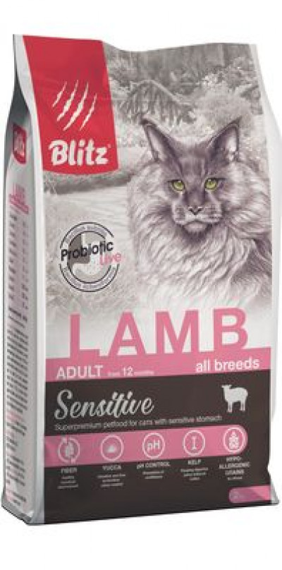 -Блитц (Blitz Sensitive Lamb Adult Cats All Breeds) сухой корм для взрослых кошек Ягненок 2 кг арт.57880