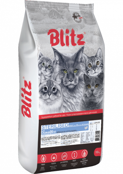 -Блитц (Blitz Sensitive Turkey Adult Sterilised Cat All Breeds) сухой корм для стерилизованных кошек 10 кг арт.59646