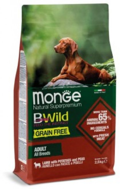 Monge Dog BWild GRAIN FREE беззерновой корм из мяса ягненка с картофелем для взрослых собак всех пород 2.5 кг арт.70011723