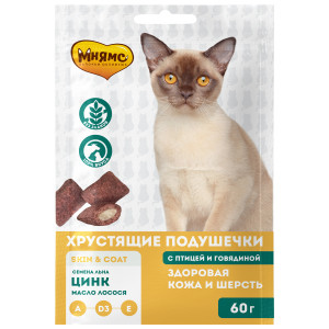 Мнямс хрустящие подушечки для кошек с птицей и говядиной "Здоровая кожа и шерсть" 60 г арт.707940