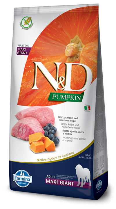 Фармина (FARMINA N&D PUMPKIN DOG LAMB & BLUEBERRY ADULT GIANT MAXI) корм для взрослых собак гигантских пород Ягненок, черника и тыква 12 кг арт.2058