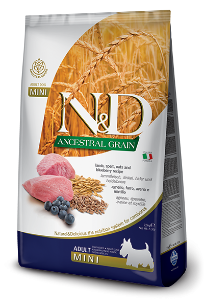 Фармина (FARMINA N&D ANCESTRAL GRAIN DOG LAMB, SPELT, OATS AND BLUEBERRY ADULT MINI) корм для собак мелких и карликовых пород Ягненок, спельта, овес, черника 0,8 кг арт.4016