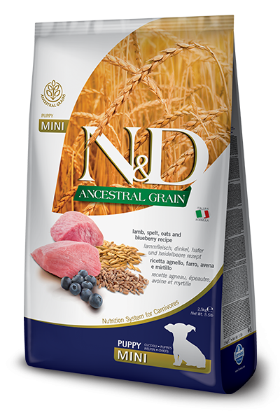 Фармина (FARMINA N&D ANCESTRAL GRAIN DOG LAMB, SPELT, OATS AND BLUEBERRY PUPPY MINI) корм для щенков малых пород Ягненок, спельта, овес, черника 0,8кг арт.4022