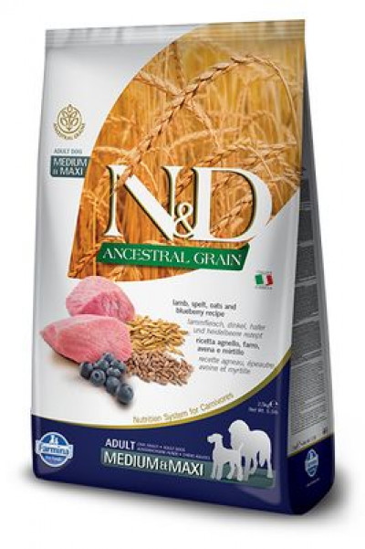 Фармина (FARMINA N&D ANCESTRAL GRAIN DOG LAMB, SPELT, OATS AND BLUEBERRY ADULT MEDIUM & MAXI) корм для собак Ягненок, спельта, овес, черника 2,5 кг арт.4149