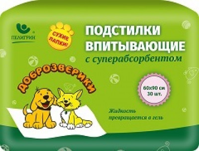 -Доброзверики подстилки впитывающие для животных с суперабсорбентом 60х90 см, 30 шт. "Сухие лапки"