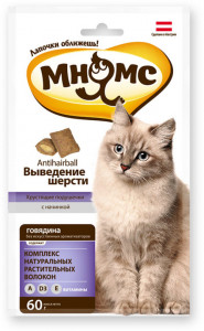 Мнямс хрустящие подушечки для кошек с говядиной "Выведение шерсти" 60 г